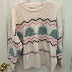 ADORA Women's Cream Sweater with Pink, Green, and Brown Patterns
